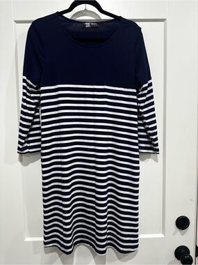 Women's Navy & White Striped Midi Dress with Scoop Neck